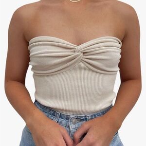 NWOT Womens Strapless Knit Tube Crop Top with Twist Knot Front